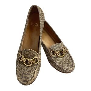 Stuart Weitzman Canvas Leather Tan Gold Flats Loafers Chain Detail Low Heel 7.5